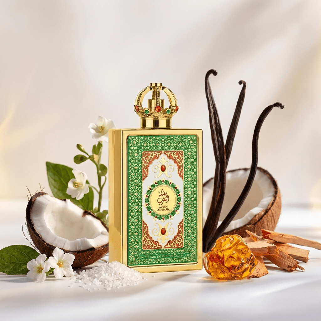 Perfume Queen of Arabia em frasco dourado com tampa de coroa, cercado por coco, jasmim e baunilha.