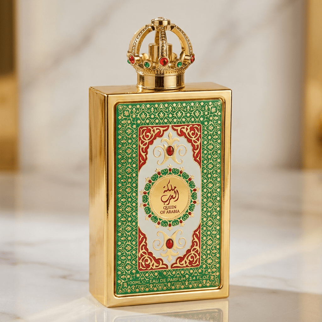 Perfume Queen of Arabia em frasco dourado com estampa verde e vermelha, tampa em formato de coroa, sobre mármore.