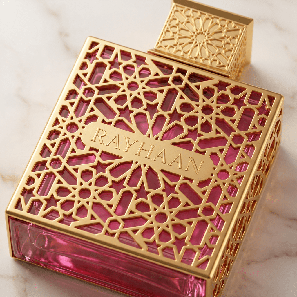 Perfume Rayhaan em frasco rosa, ao lado da caixa dourada vazada com padrão arabesco geométrico.
