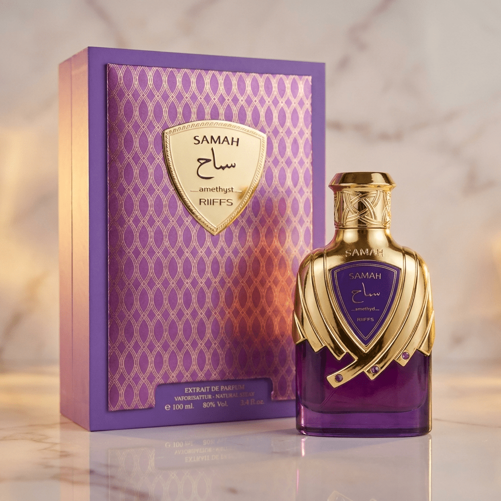 Perfume Samah Amethyst da Riiffs, frasco roxo com tampa dourada ao lado da caixa roxa estampada.