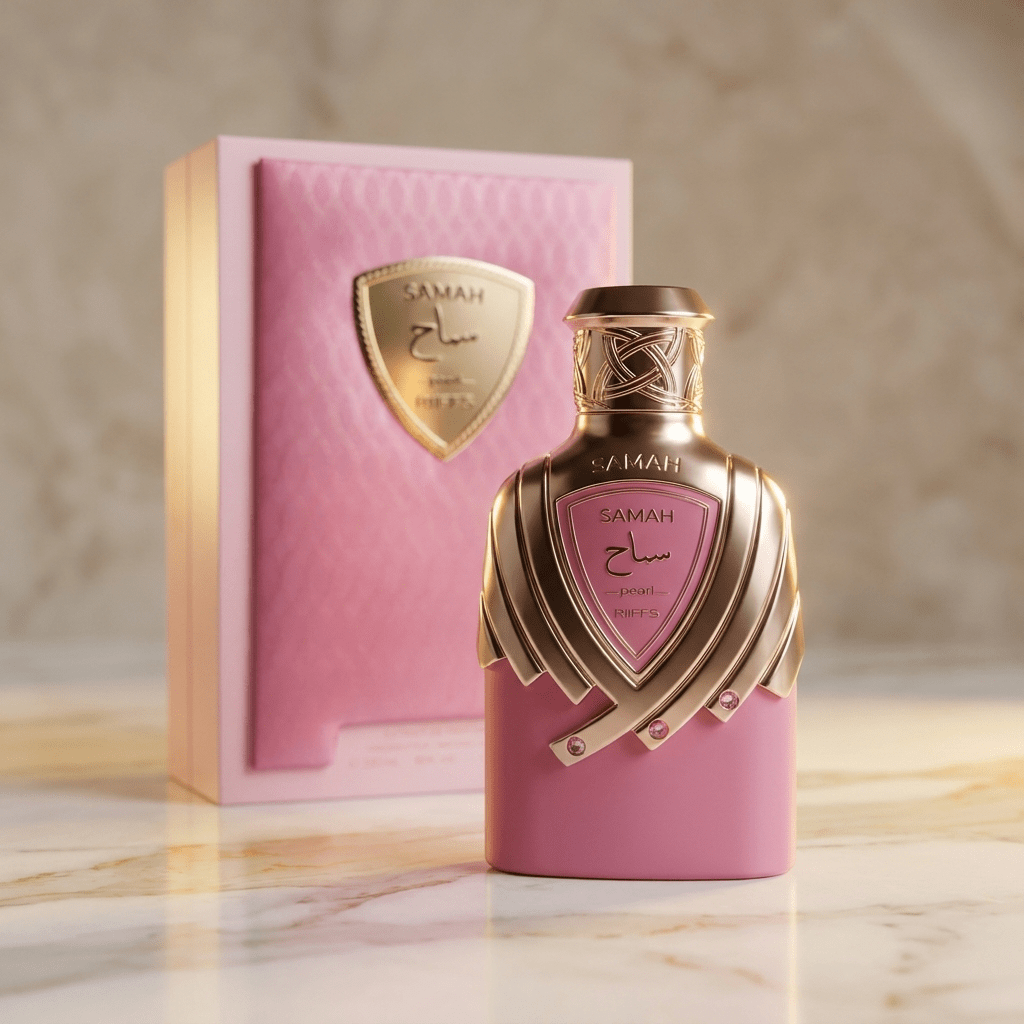 Perfume Samah Pearl da Riiffs em frasco rosa com brasão dourado, ao lado da caixa rosa, sobre mármore.