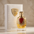 Perfume Samah Royale da Riiffs em frasco dourado com brasão vermelho, ao lado da caixa branca texturizada.