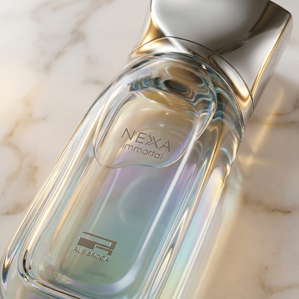 Detalhe da tampa do perfume Nexa Immortal da Rue Broca, frasco de vidro iridescente com acabamento facetado.