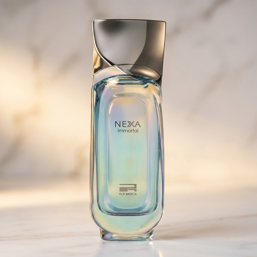 Perfume Nexa Immortal Masculino da Rue Broca, frasco de vidro iridescente com tampa metálica angular.