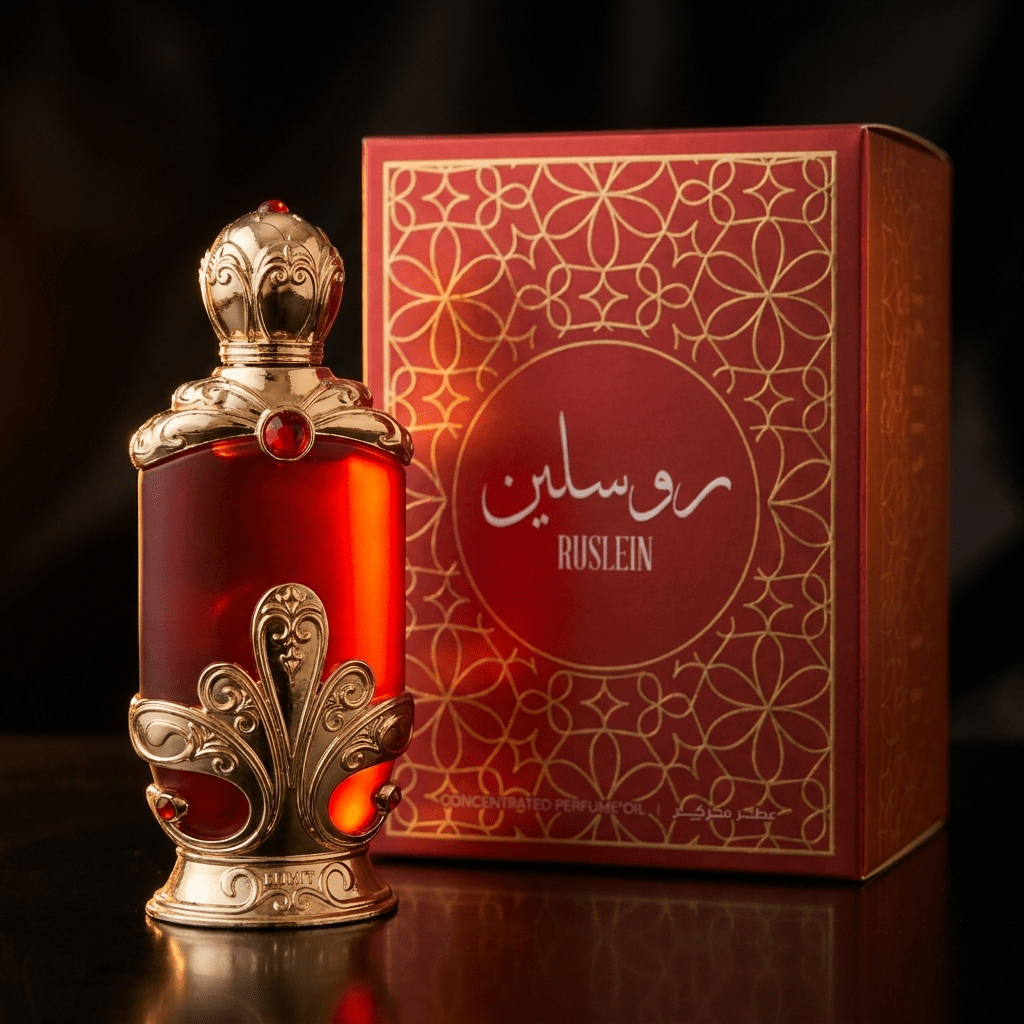 Óleo perfumado Ruslein em frasco vermelho ornamentado com detalhes dourados, ao lado da caixa.