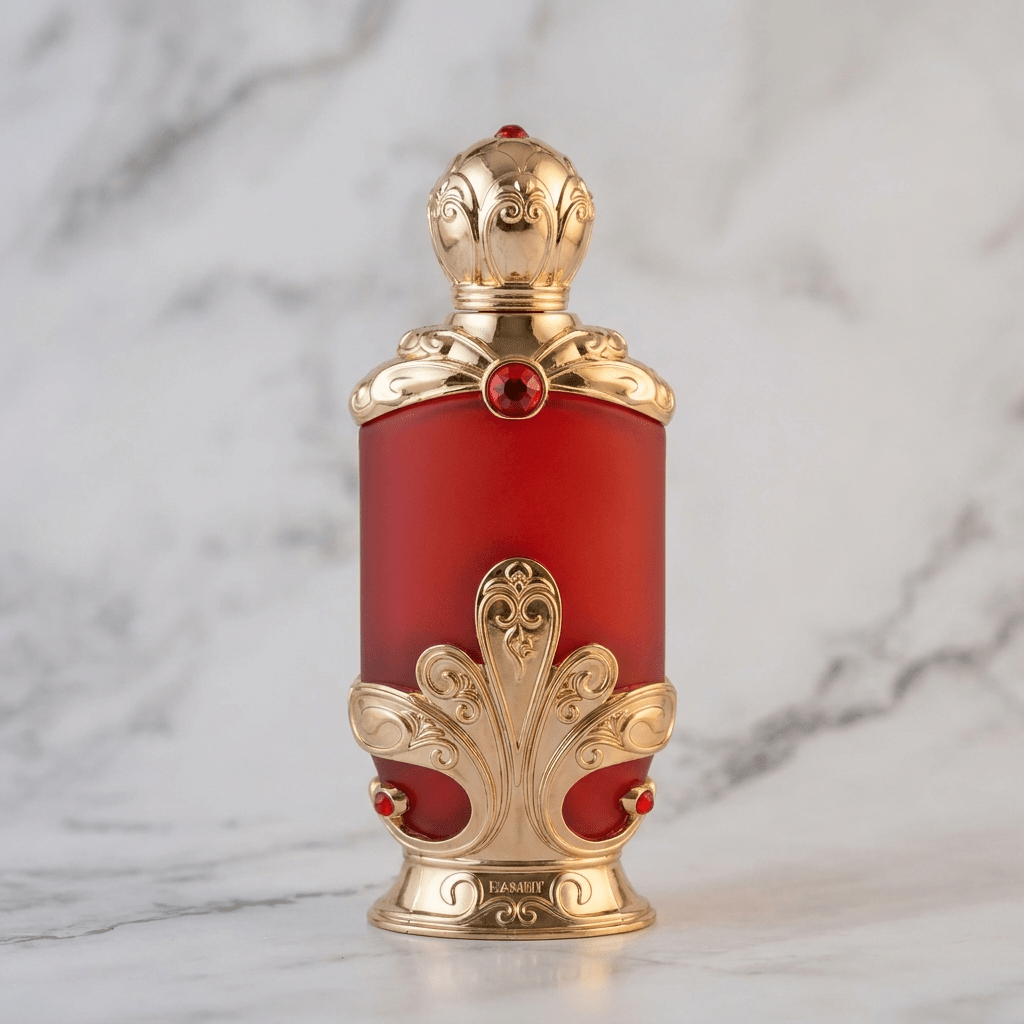 Óleo perfumado Ruslein em frasco vermelho ornamentado com detalhes dourados, isolado sobre mármore.