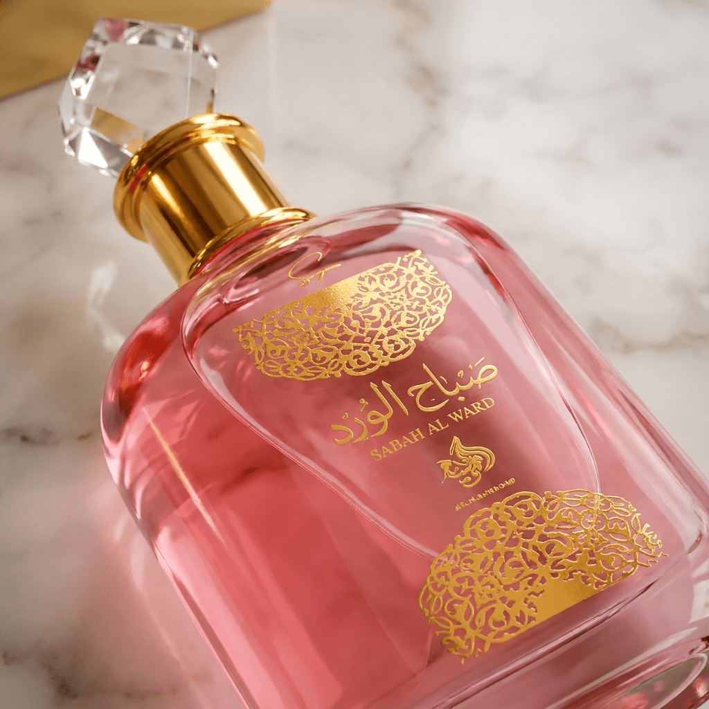 Detalhe do frasco rosa do perfume Sabah Al Ward Sugar, com rótulo dourado e tampa de cristal facetada.