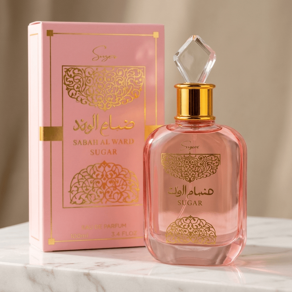 Perfume Sabah Al Ward Sugar em frasco rosa com tampa de cristal facetada, ao lado da caixa.