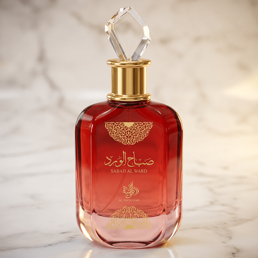 Perfume Sabah Al Ward Valentine em frasco vermelho com detalhes dourados, vista frontal sobre mármore.