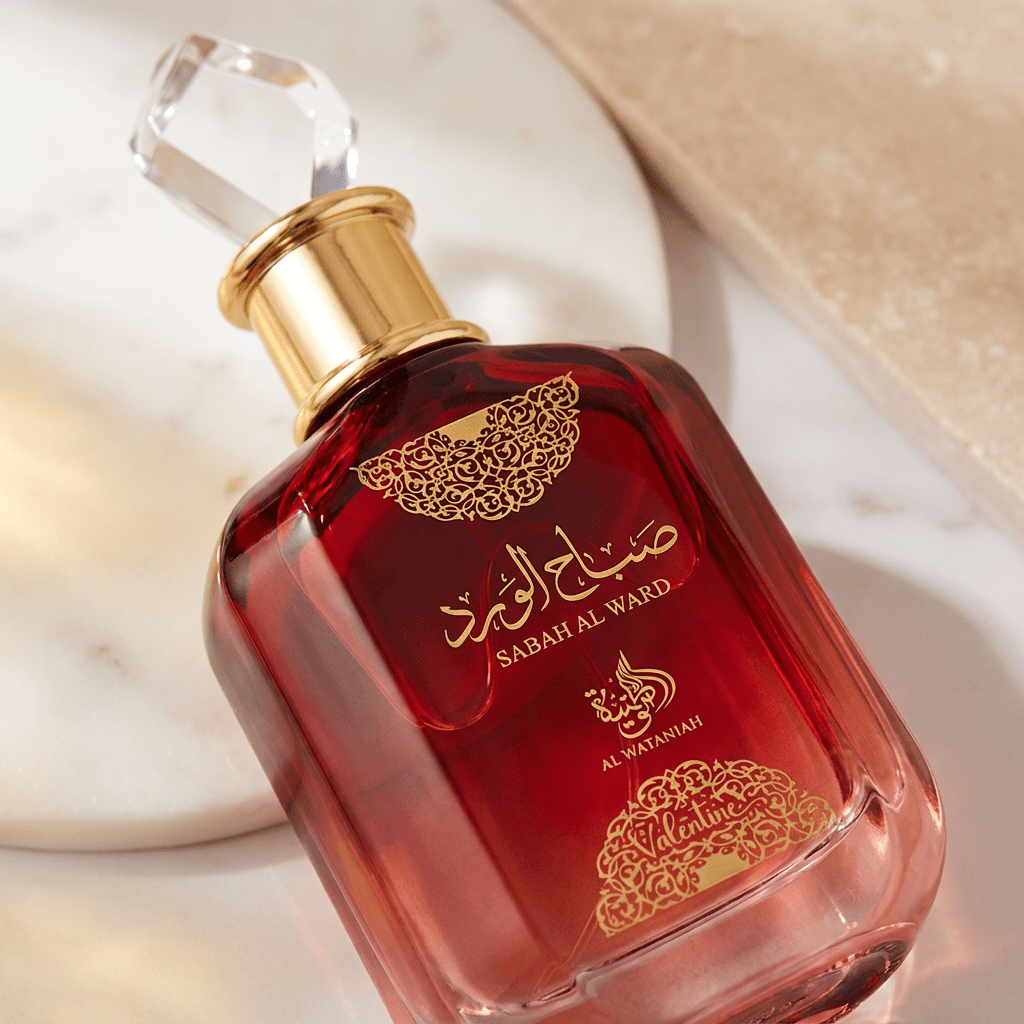 Perfume Sabah Al Ward Valentine em frasco vermelho com detalhes dourados, sobre mármore.