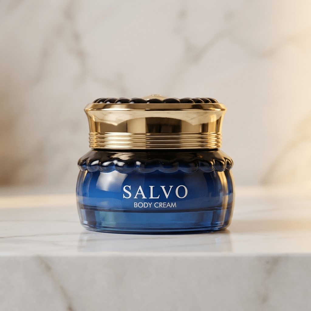 Creme corporal Salvo em pote de vidro azul com tampa dourada canelada, sobre superfície de mármore.
