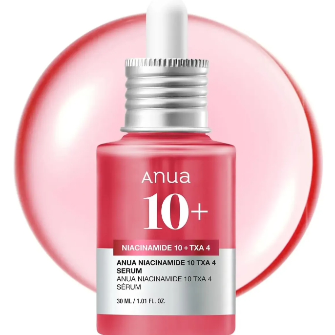 Frasco do sérum Anua Niacinamide 10 + TXA 4 de 30ml em destaque com esfera de gel rosa ao fundo
