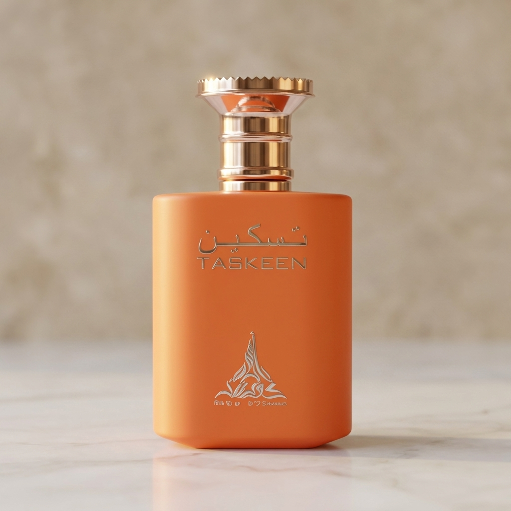 Perfume Taskeen, frasco laranja fosco com tampa dourada em formato de coroa e detalhe em caligrafia árabe.