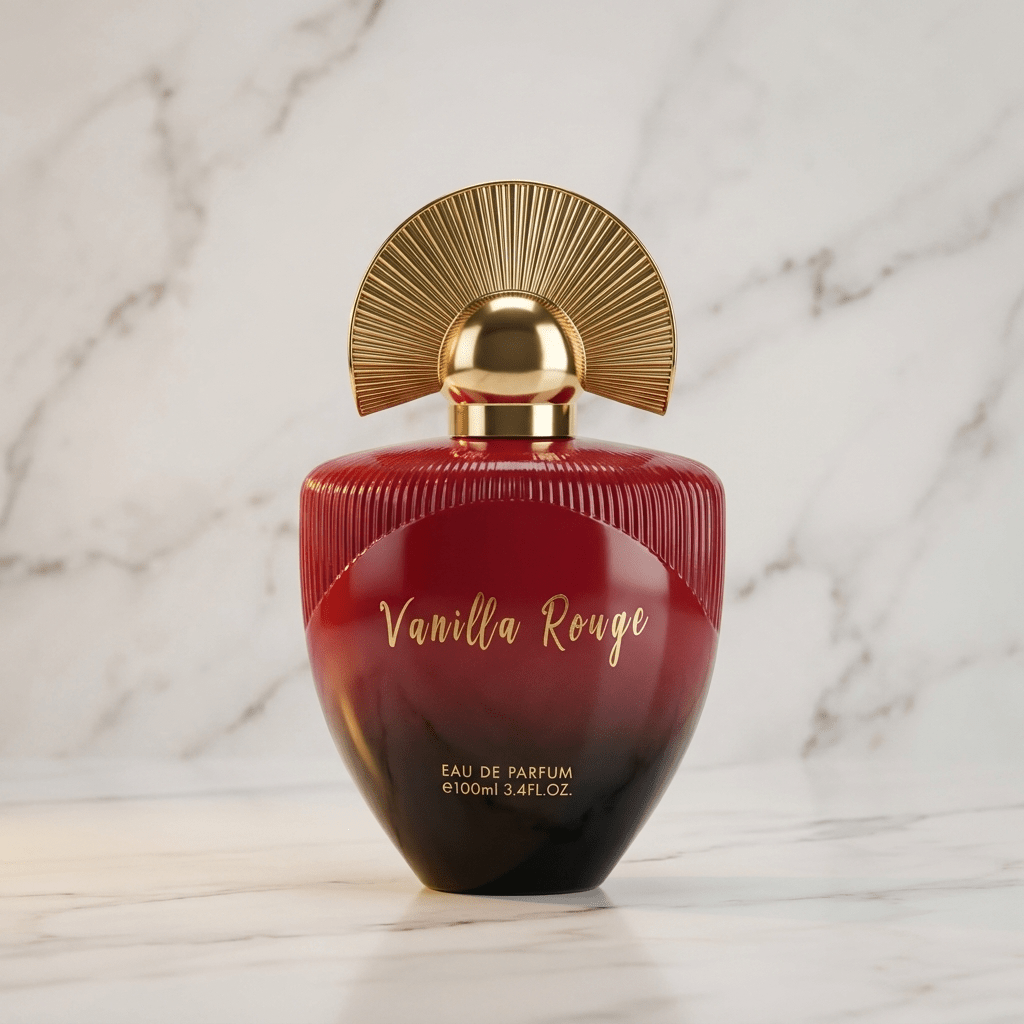 Perfume Vanilla Rouge em frasco vermelho no formato de coração, com tampa dourada, sobre superfície de mármore claro.