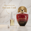 Decante de 5ml do perfume unissex Vanilla Rouge ao lado do frasco original vermelho em formato de coração, com selo "Disponível em Decant 5ml".