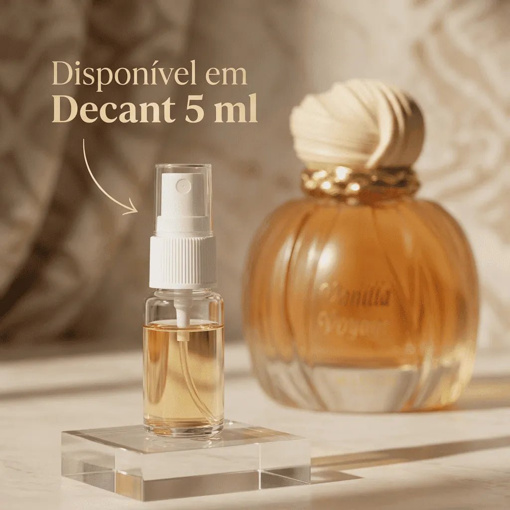 Perfume Vanilla Royal em frasco âmbar formato abóbora com tampa em concha, ao lado de decant de 5ml com banner promocional
